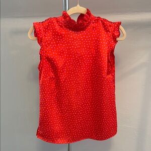 Red and Pink Polka dot Flutter Sleeve Ruffled Blouse with Mandarin Collar